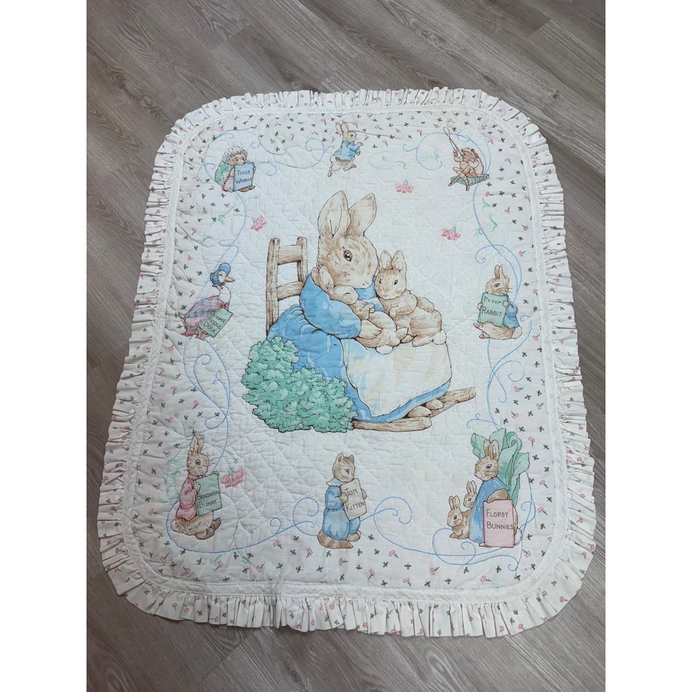 Vintage Peter Rabbit Beatrix Potter Quilted Baby Blanket Ruffled trim White